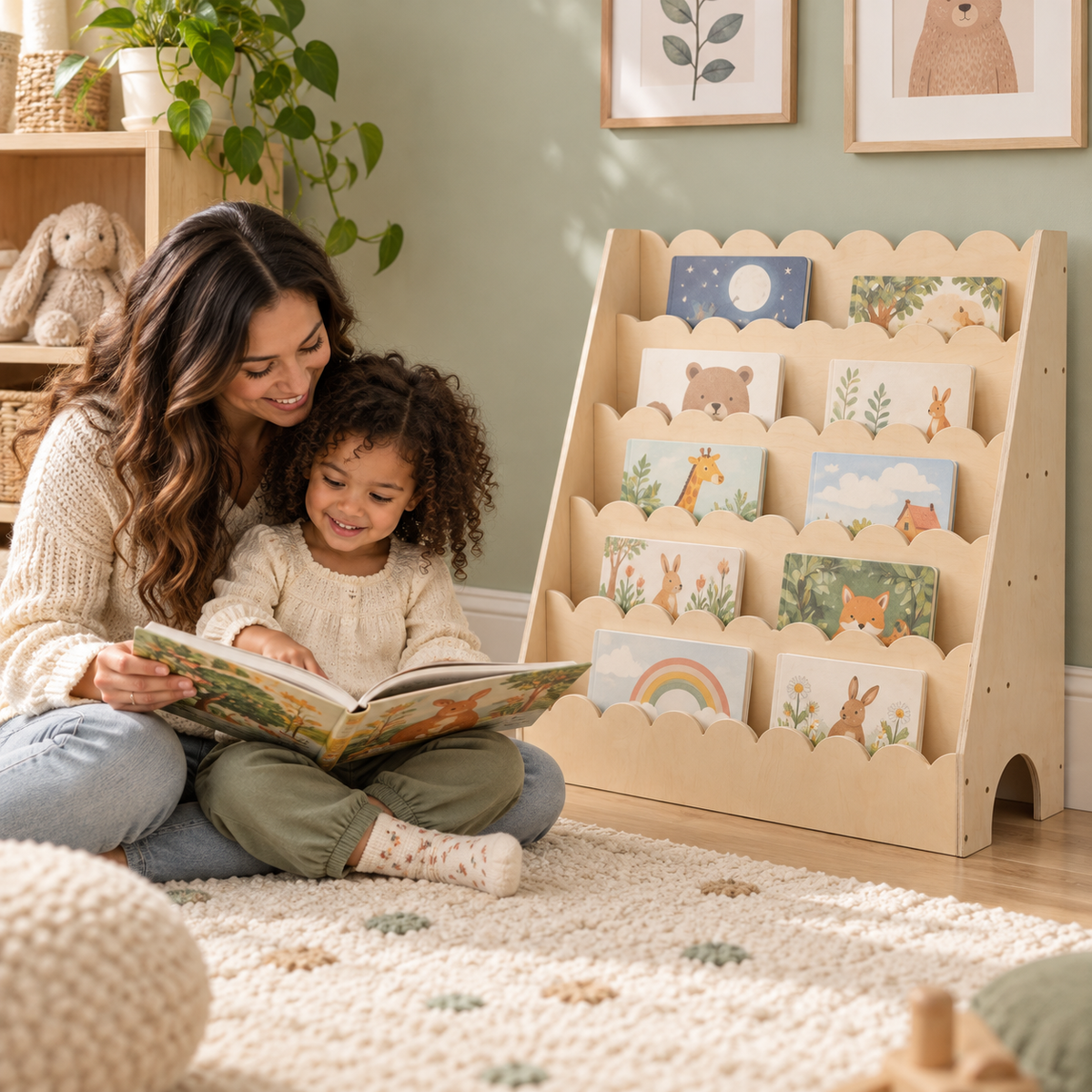 Little Play World StoryScape 5-tier kids' bookshelf displaying books during parent-child storytime