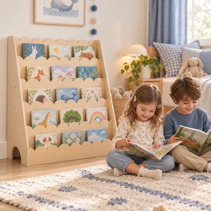 Little Play World StoryScape 5-tier kids' bookshelf with siblings reading beside it