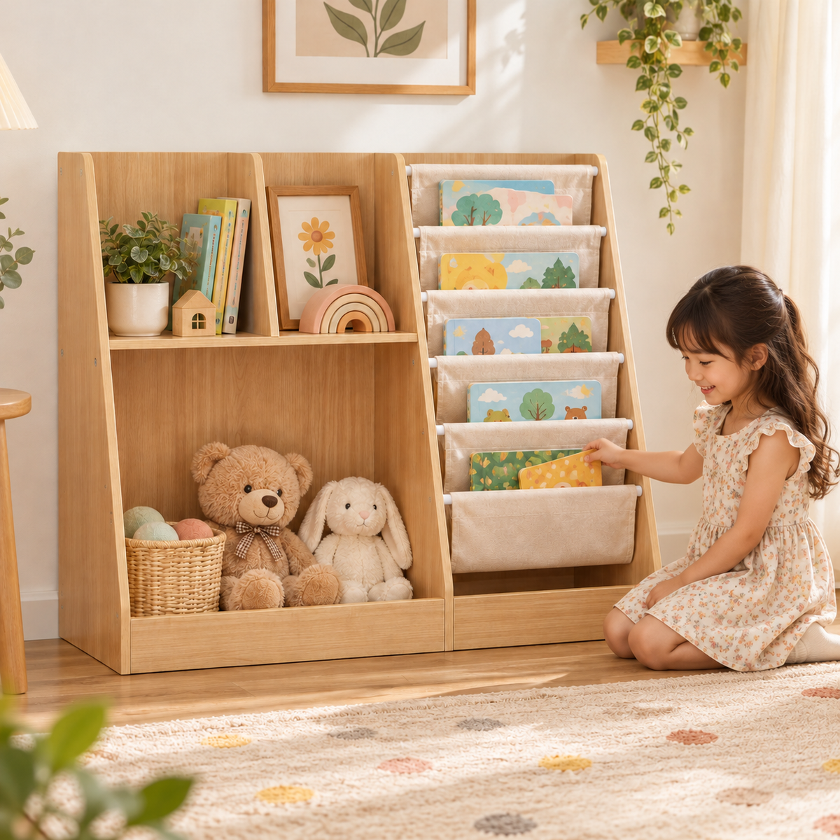 Little Play World WonderNook kids bookshelf and toy organizer in a children’s room with books and toys