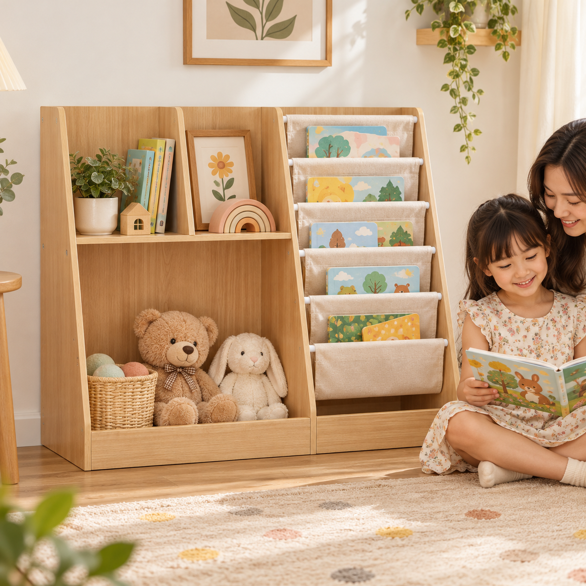 WonderNook kids bookshelf and toy organizer by Little Play World in a children's room lifestyle setting