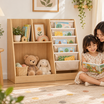WonderNook kids bookshelf and toy organizer by Little Play World in a children's room lifestyle setting