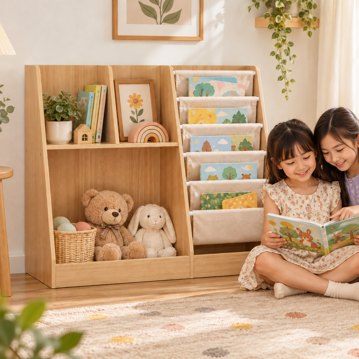 WonderNook kids bookshelf and toy organizer by Little Play World in a children's room setup
