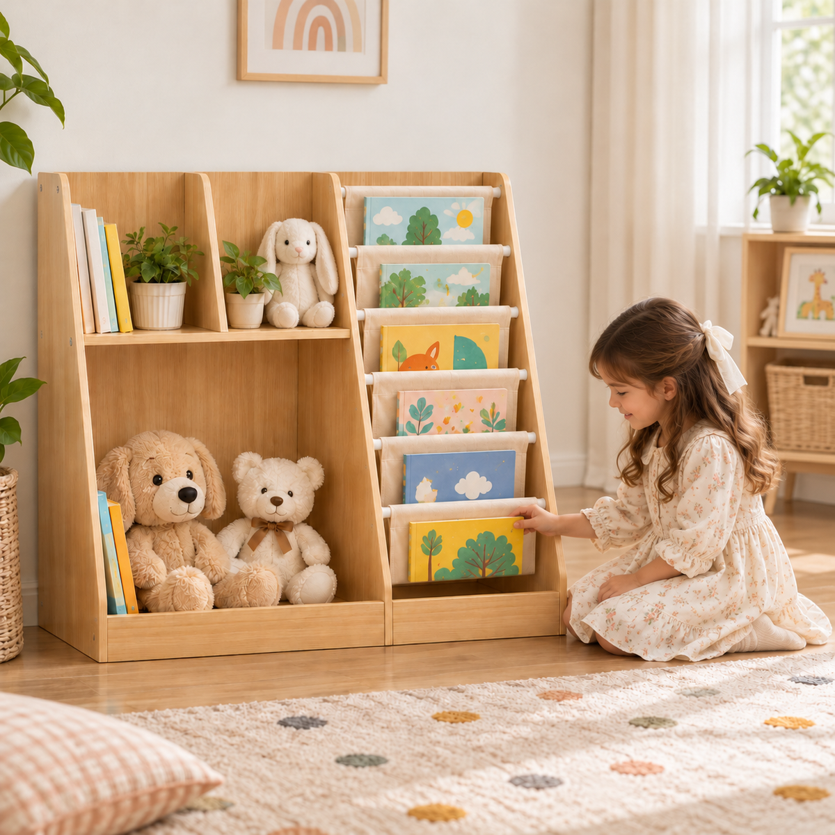 Child selecting a book from the WonderNook Kids Bookshelf & Toy Organizer by Little Play World