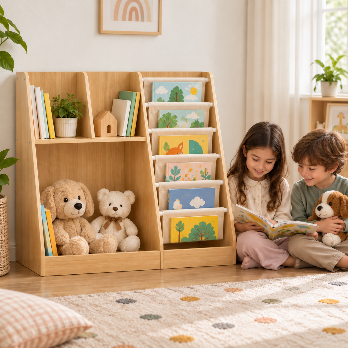 WonderNook Kids Bookshelf & Toy Organizer by Little Play World with extra storage for two children